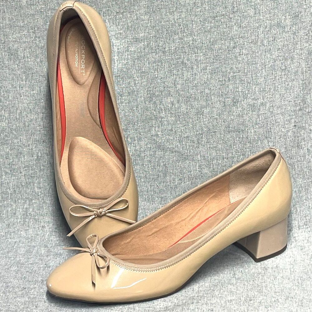 Rockport Total Motion Women's Size 11M Nude Patent Leather Block Heel Pumps Bow
